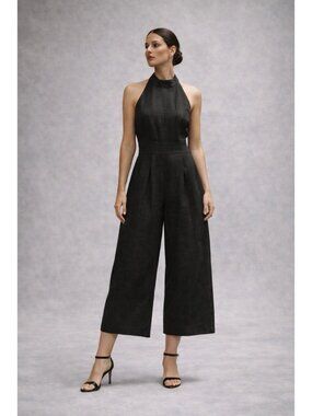 Vintage Ann Tobias Linen Jumpsuit Wide Leg Halter Black USA Minimalist Size 6